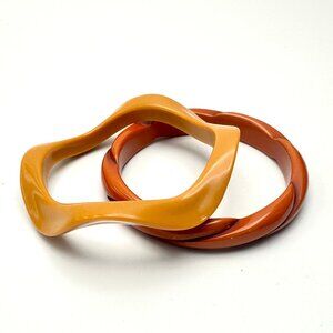 Vintage Lucite Bangle Pair — Orange Twist & Caramel Wave — 1970s Combo — EUC